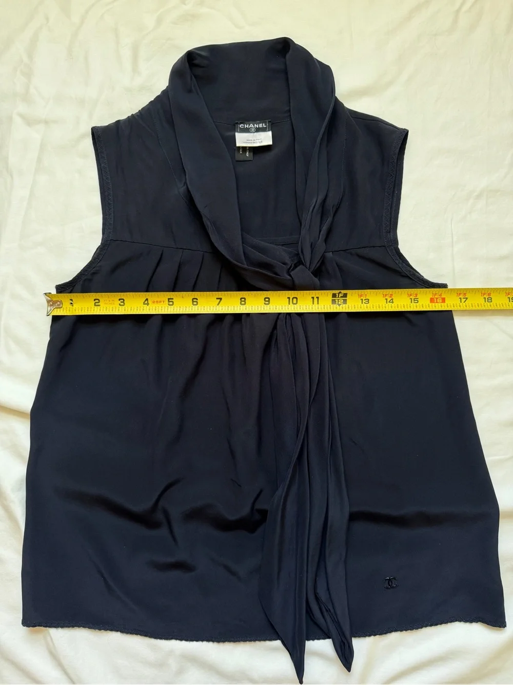 Vintage Chanel 100% Silk Navy Sleeveless Tie Neck Blouse
